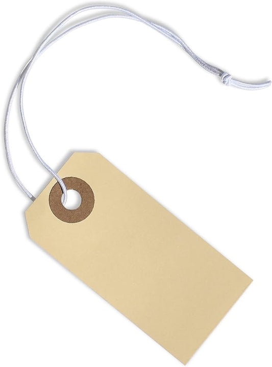 Paper Tags with Strings Attached Elastic- #1, 2 3/4” x 1 3/8”, Box of 500 Manila Shipping Label Tags with Elastic String and Reinforced Hole