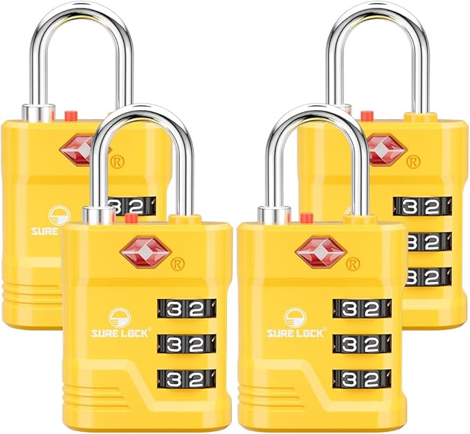 SURE LOCK TSA Locks for Luggage, TSA Approved Luggage Locks with Open Alert, 008 Key for High Security, Easy Read Dials, Zinc Alloy Body, Locker Lock for Suitcase, Gym, Travel(Yellow 4 pk)