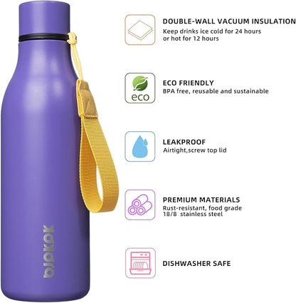 BJPKPK Insulated Water Bottles, 18 oz Stainless Steel Metal Water Bottle with Strap, BPA Free Leak Proof Jugs, Mugs, Flasks, Reusable Thermal Flasks for Sports & Travel, Purple