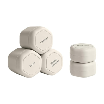 Cadence Travel Containers - Core Skincare Set - Magnetic Containers with Lids,2 Small (0.56oz) & 3 Medium (1.32oz) - Cleanser, Moisturizer, Serum, Makeup Remover & Sun Icon Labels - Sand