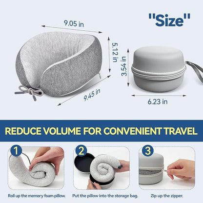 Memory Foam Neck Pillow for Travel Adjustable Airplane Pillow 100 Percent Memory Foam Ergonomic Support for Sleeping on Flights Cars Office Home Use for Adults Men Women