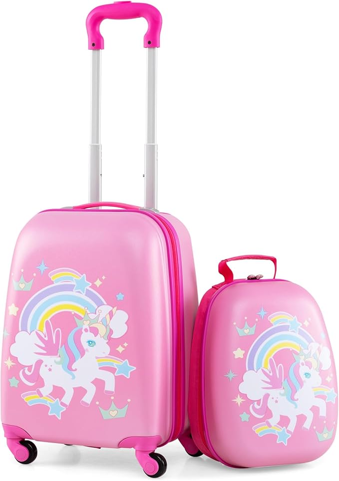 KOTEK Kids Carry On Luggage Set, 16" Hardside Rolling Suitcase with Spinner Wheels, Travel Rolling Luggage for Boys Girls (Rose Unicorn)