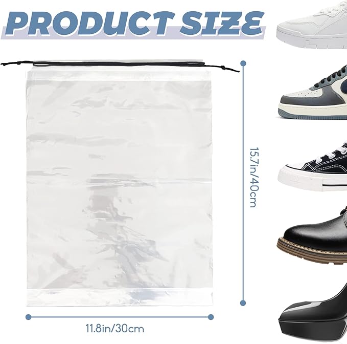 100 Pcs Shoe Bags for Travel,Large Transparent Travel Shoe Bags for Packing,Clear Plastic Drawstring Bag Shoe Dust Bags,Portable Shoes Organizers Pouch with Rope for Men and Women