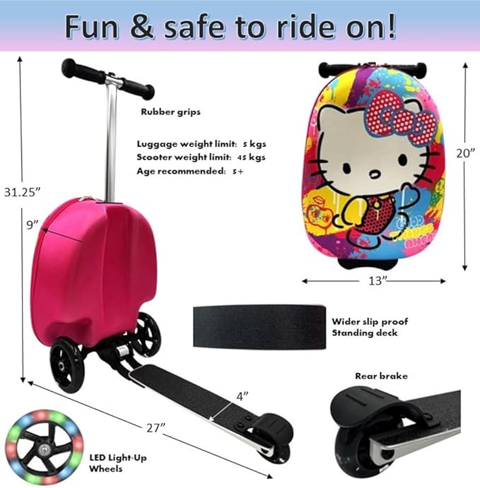 Fast Forward Kid’s Licensed 18" Ride-On Suitcase Scooter - Lightweight Carry-On Foldable Scooter Luggage