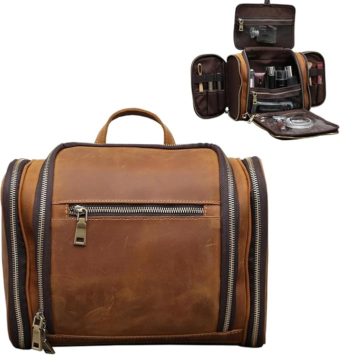 EURYNOME Toiletry Bag For Men, Genuine Leather Toiletries Organizer, Travel Hanging Toiletry Bag Large Water-resistant Bathroom Shaving Kit for Cosmetics, Makeup Case Travel Dopp Kit