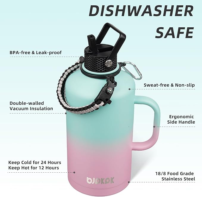 BJPKPK 2/3 Gallon Water Bottle Insulated with Straw Lid, 50oz, 64oz, 87oz, 128oz Large, Stainless Steel Water Bottles with 3 Lids and Paracord Strap, Double Wall Vacuum Metal Water Jug,Marshmallow