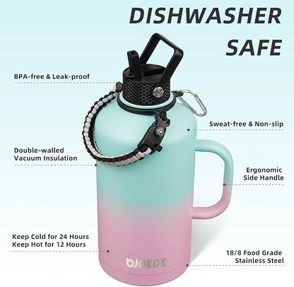 BJPKPK 2/3 Gallon Water Bottle Insulated with Straw Lid, 50oz, 64oz, 87oz, 128oz Large, Stainless Steel Water Bottles with 3 Lids and Paracord Strap, Double Wall Vacuum Metal Water Jug,Marshmallow