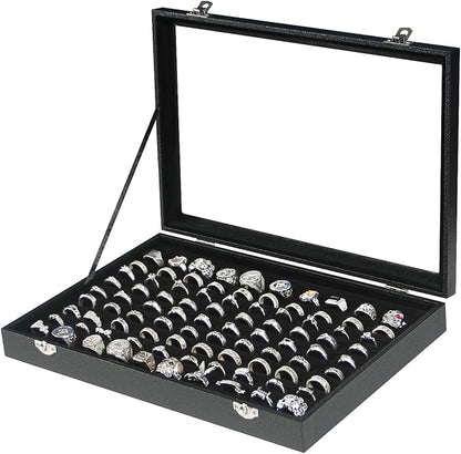 Coward Ring Organizer Jewelry Box, Black Velvet 100 Slots Ring Display Tray Case with Transparent Glass Lid for Home Use or Store Selling Show
