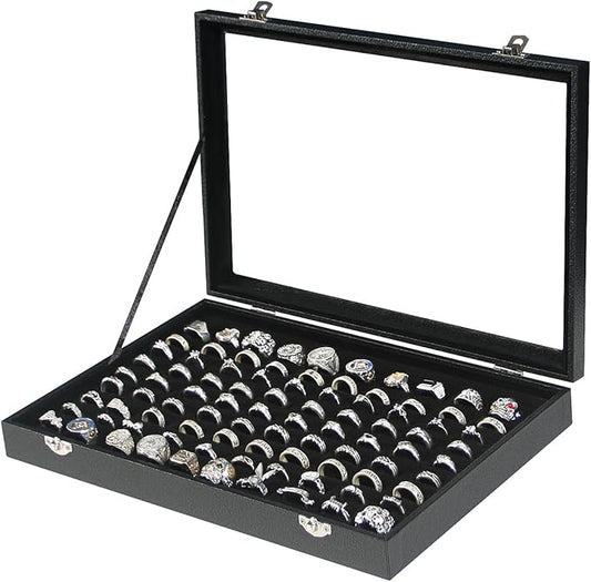 Coward Ring Organizer Jewelry Box, Black Velvet 100 Slots Ring Display Tray Case with Transparent Glass Lid for Home Use or Store Selling Show