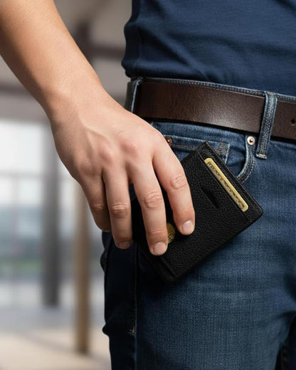 KARAKORAM LEATHER Artisan Made Premium Cowhide Leather Slim BiFold Wallet for Men | RFID Blocking Front Pocket Everyday Carry | Fits 12-14 Cards with 2 External Quick Access Slots (Midnight Black)