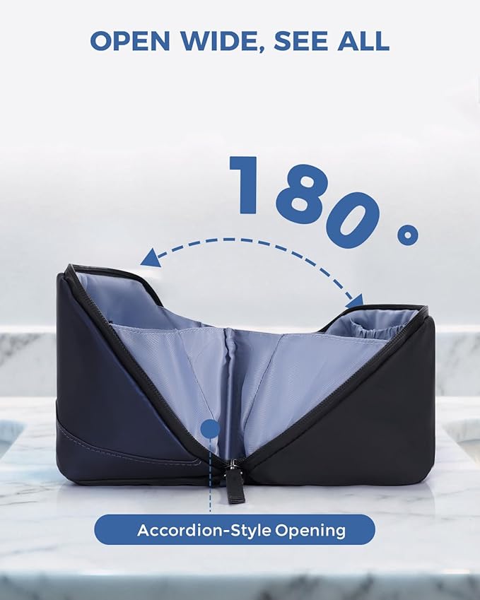 WANDF Toiletry Bag for Men, PU Leather Travel Organizer with Detachable Waterproof Hanging Pouch, Open-Flat Dopp Kit Shaving Bag with Wet Pocket for Travel Toiletries Accessories (Navy Blue)