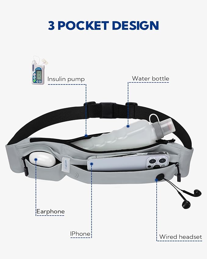 WATERFLY Running Belt Fanny Pack: Runner Marathon Jogging Waist Pack Sport Workout Exercise Fitness Phone Holder Belt for Men Women Jogger Slim Waistband Black