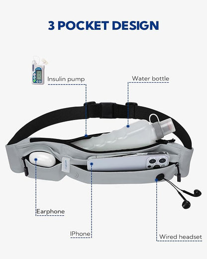 WATERFLY Running Belt Fanny Pack: Runner Marathon Jogging Waist Pack Sport Workout Exercise Fitness Phone Holder Belt for Men Women Jogger Slim Waistband Black