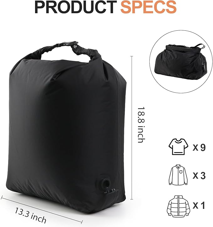 Travel Laundry Bag, Vacuum Compression Dirty Clothes Travel Bag Waterproof Wet Dry Bags Large Capacity Space Saver Bags Reusable Camp Clothes Organizer for Sports Dorm Laundromat (1 Pcs) (Black, M)