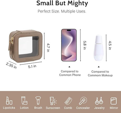 Aveniee Mini Clear Makeup Bag, Small Cosmetic Bags Travel Toiletry Pouch Organizer, TSA Approved Make up Case with Zipper, Car Bag for Essentials,Taupe