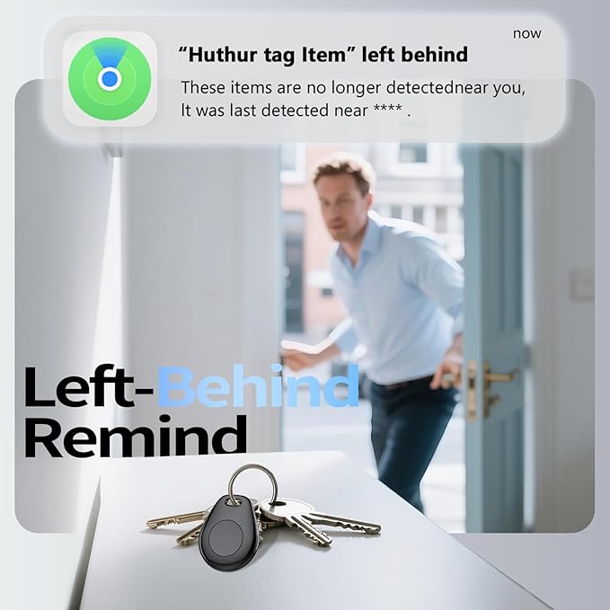 [iOS Only] Tukio Air Tracker Tags 4 Pack Black, [Apple MFi Certified] Bluetooth Key Finder & Smart Item Locator Work with Apple Find My for Keys/Luggage/Bags/Suitcases/Car, 365-Day Replaceable Battery