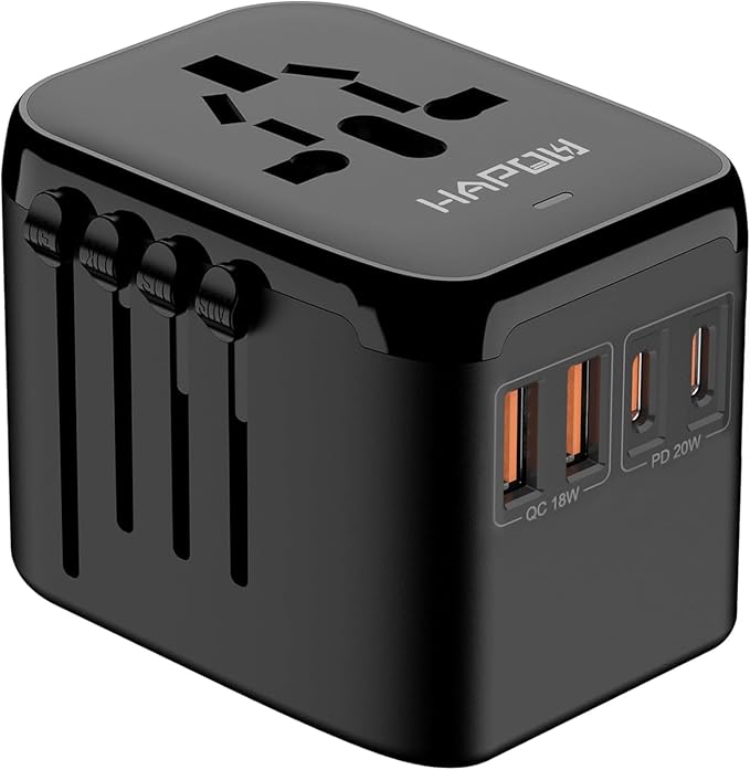 Universal Travel Adapter, PD20W International Power Adapter, 2 USB-C & 2 USB-A Fast Charging Travel Charger, All in One Worldwide Travel Plug Adapter, Outlet Adapter for Europe EU UK USA AU