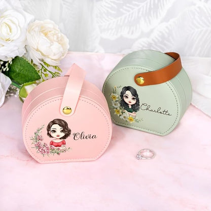 callie Personalized Travel Jewelry Case, Custom Cartoon Character Birth Flower Name on Leather Travel Jewelry Organizer, Birthday Gifts Bridesmaid Gifts for Women Girlfriend