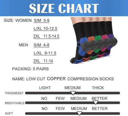5 Pairs Copper Compression Socks for Women & Men - Ankle Plantar Fasciitis Arch Support Running Socks for Athletic
