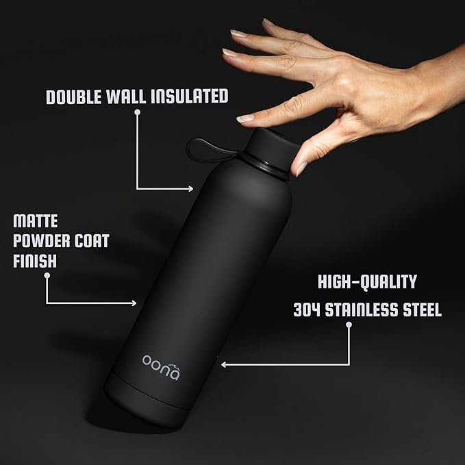 OONA Stainless Steel Water Bottle 25 oz, BPA-Free, Leak-Proof Insulated Water Bottle, Carrying Loop, Double Wall Vacuum Insulation, Keeps Drinks Hot or Cold for 12 Hours, Travel Friendly (Black)