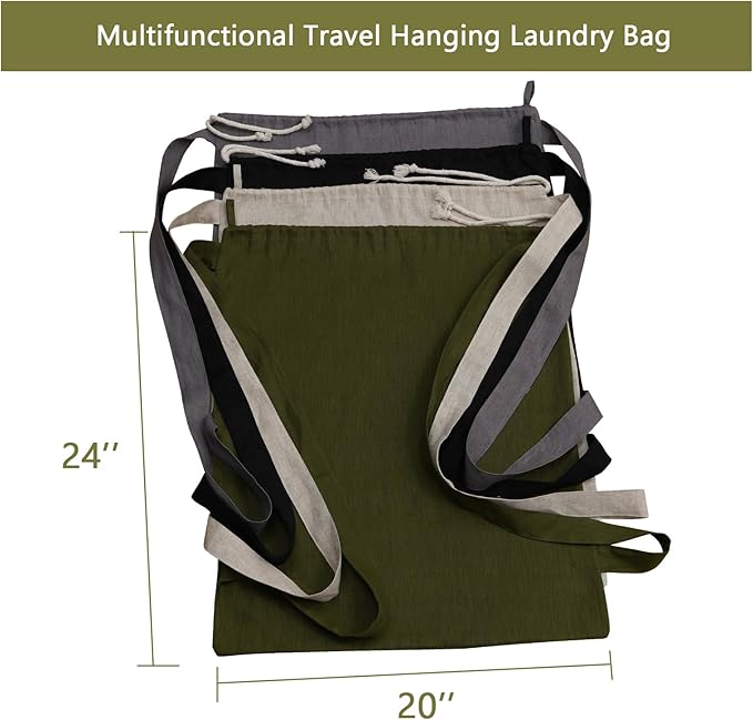 100% Pure Linen Travel Backpack Laundry Bags with Shoulder Straps 20x24in-Washable Drawstring Hanging Laundry Hamper Rxtra Large Portable Cloth Laundry Bag for Dorm College Military Gym-Green
