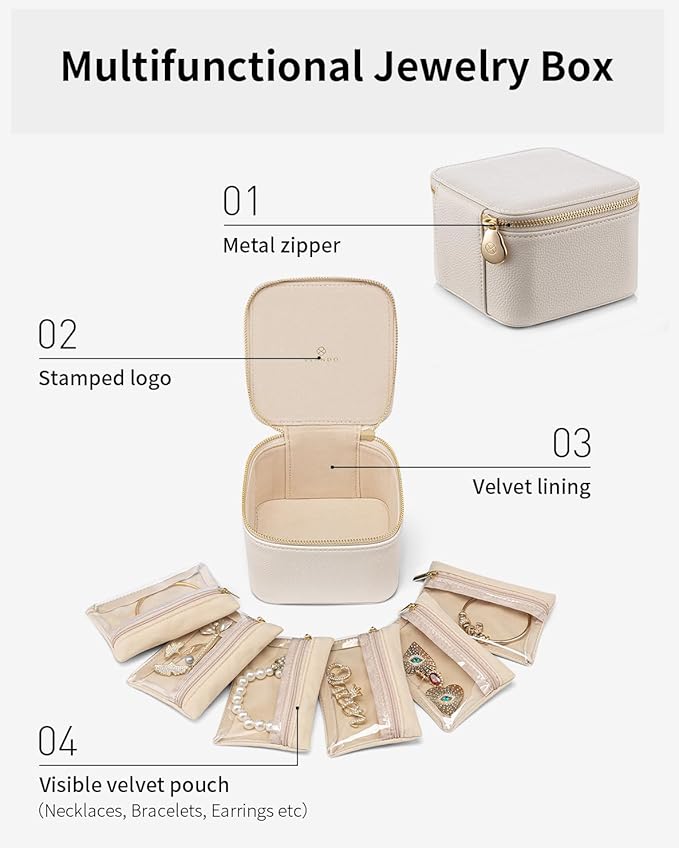 Vlando Travel Jewelry Case,Small Jewelry Box Organizer,Travel Jewelry Storage with 6 Velvet Jewelry Zipper Pockets, Birthday Gifts for Women Girls (White)