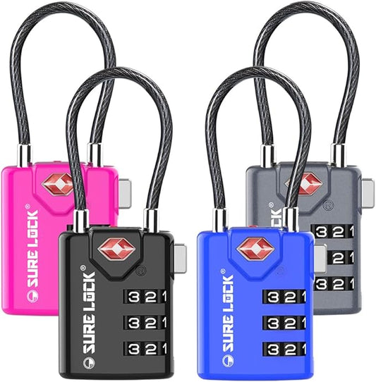 SURE LOCK TSA Approved Combination Luggage Locks with Open Alert Indicator – Durable Zinc Alloy Cable Travel Locks with Large Easy-Read Dials for Suitcases, Backpacks & Gym Bags（ Four Colour）