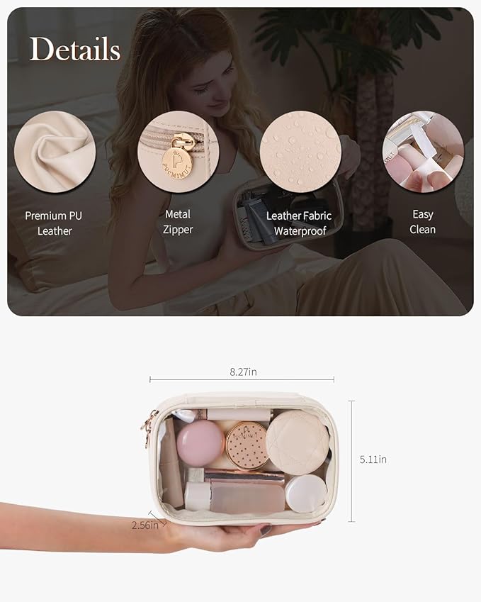 Pocmimut Makeup Bag,Small Makeup Bag TSA Approved Clear Toiletry Bag,Makeup Case Pouches Car Accessories Storage for Women,Travel Essentials Organizers,Beige