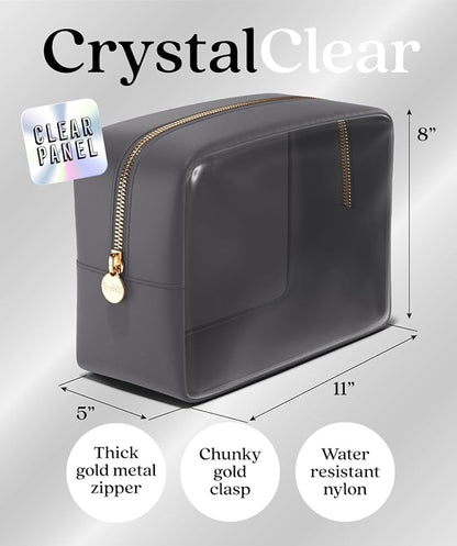 Embla London Makeup Bag Cosmetic Case, Clear Zipper Make Up Pouch and Toiletry Travel Tote, Cute Skincare Pouches for Women Girls, Preppy Purse Cosmetic Organizer, Large Makeup Bags, Grey