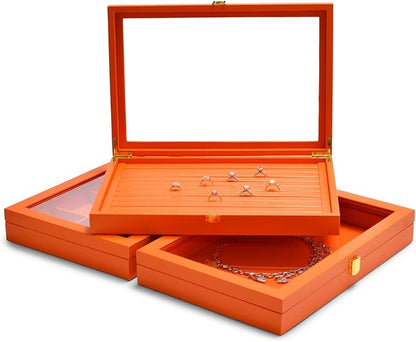 Oirlv 24 Grid Premium Leather Jewelry Organizer Tray with Transparent Lid Jewelry Display Case Drawer Insert Rings Earrings Holder