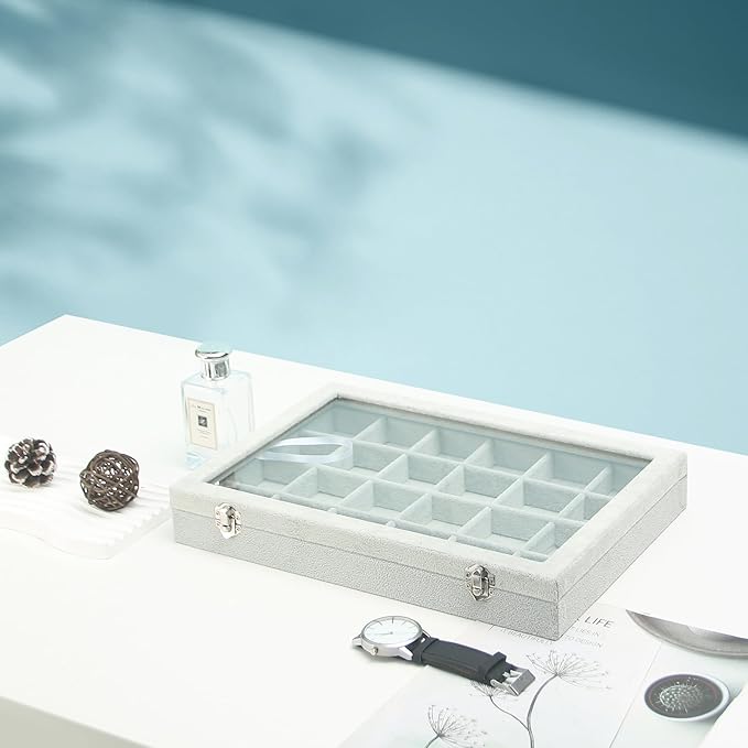 Coward Jewelry Organizer Tray Box, 24 Grids Ring Earring Chain Bracelet Necklace Jewelry Bead Display Holder Tray Case with Transparent Glass Lid for Home Drawer or Shop Selling