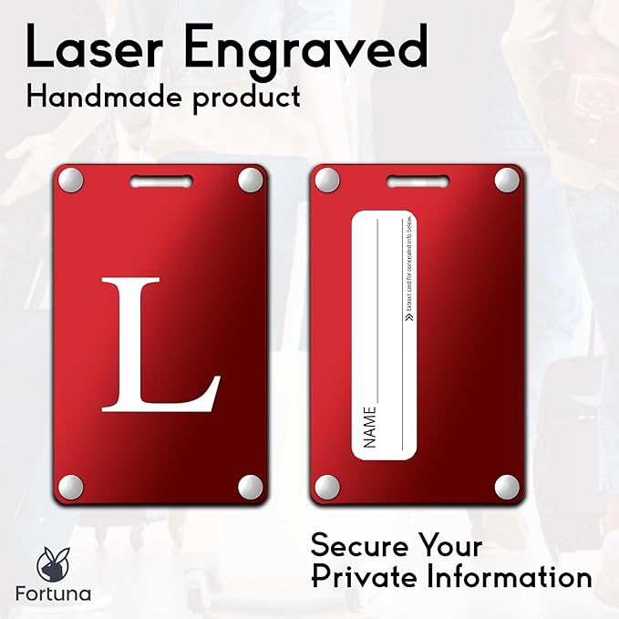 Premium 3-Layer Aluminum Luggage Tags by Fortuna - Easy to Claim, Laser-Engraved, Plastic-Free, and Eco-Friendly Luggage Tag Holders, 2-Pack, Red (L)