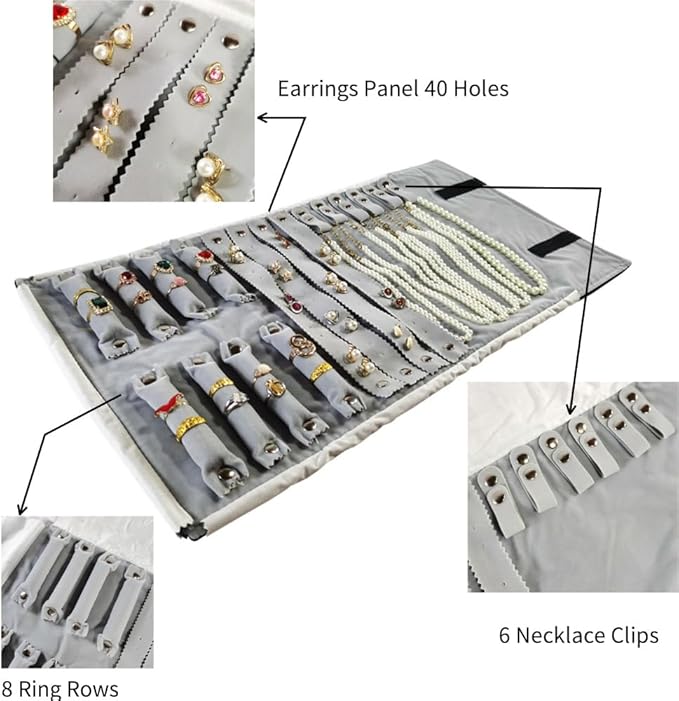 Velvet Travel Jewelry Case Roll Bag Organizer for Necklace Bracelet Earrings Ring (Black) (Black and Grey)