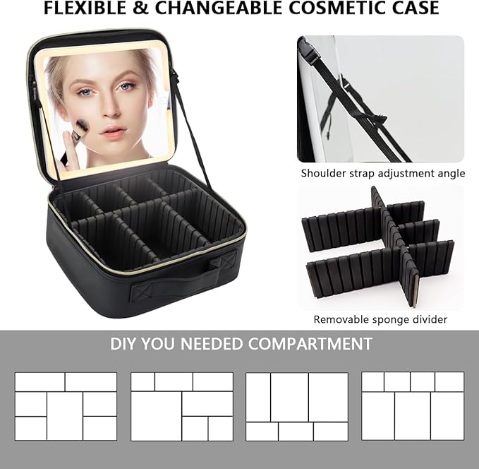 Travel Makeup Bag for Makeup Artists Large Makeup Case,with Mirror 3 Color Setting and Detachable 10x Magnifying Mirror Travel Makeup Bag,Portable Storage and Adjustable Dividers（black）
