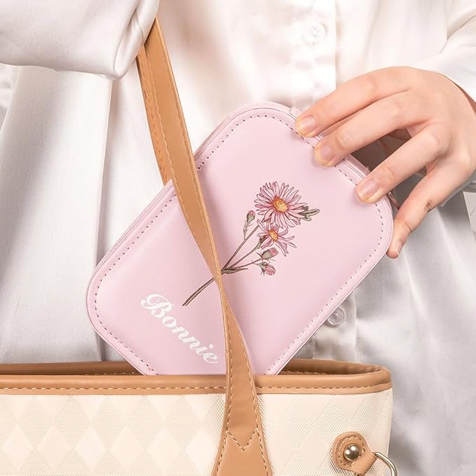 Custom Name Travel Makeup Bag with Led Mirror Cute Small Makeup Bags for Women Teen Girls Mom Personalized Birth Flower Jewelry Makeup Box Organizer with Light Up Mirror Floral Makeup Case Make Up Bag