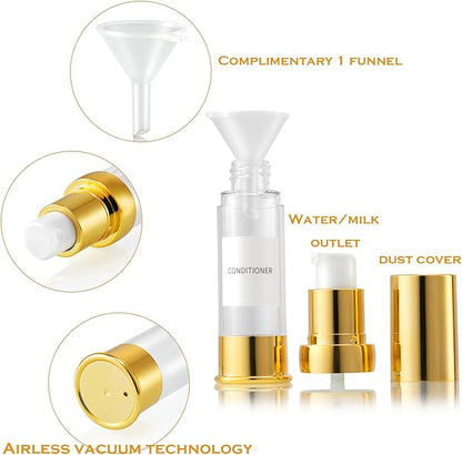 Gold 15ML 0.5 oz Airless pump bottle Toiletries Travel Size containers airport essentials Dispenser with Box Reusable mini lotion plastic travel bottles 4 Packs