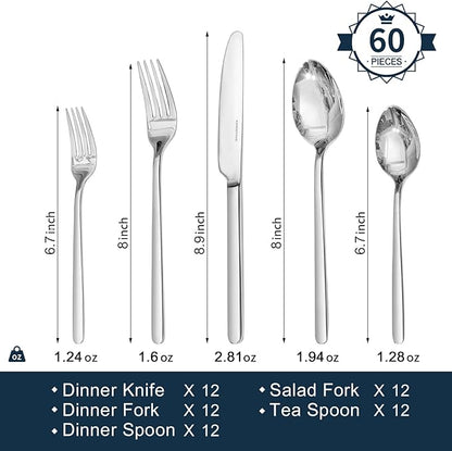 KINGSTONE Silverware Sets, 60 Piece Flatware Set for 12, 18/10 Stainless Steel Cutlery Set Mirror Polished Modern Design Dishwasher Safe
