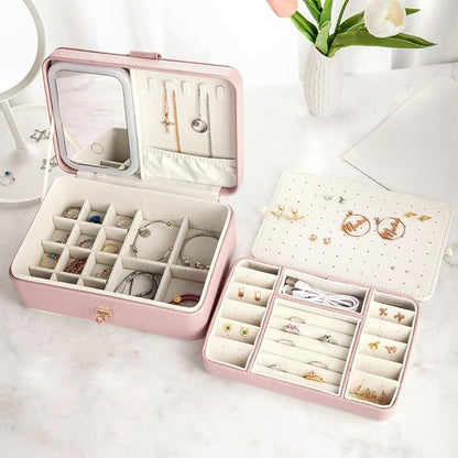 Custom 3-Layer Travel Jewelry Case Personalized Name Birth Flower Jewelry Organizer and Storage With 3 Colors LED Makeup Mirror Mother Jewelrys Box Gifts For Women Nana Size 9.25×6.3×3.54 INCH