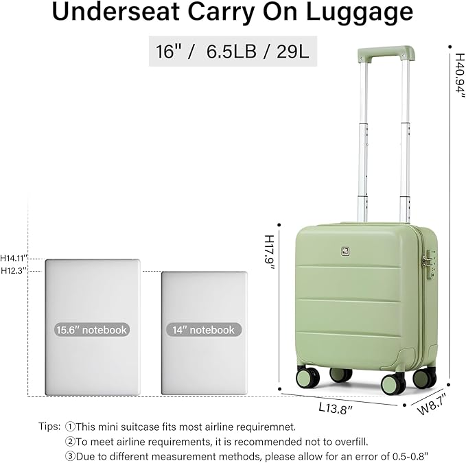 Hanke 16 Inch Underseat Carry On Luggage with Wheels Hard Shell Mini Small Suitcases Carry On Bag for Airline Approved TSA Luggage Lightweight Travel Suitcase(Bamboo Green)