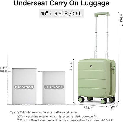 Hanke 16 Inch Underseat Carry On Luggage with Wheels Hard Shell Mini Small Suitcases Carry On Bag for Airline Approved TSA Luggage Lightweight Travel Suitcase(Bamboo Green)