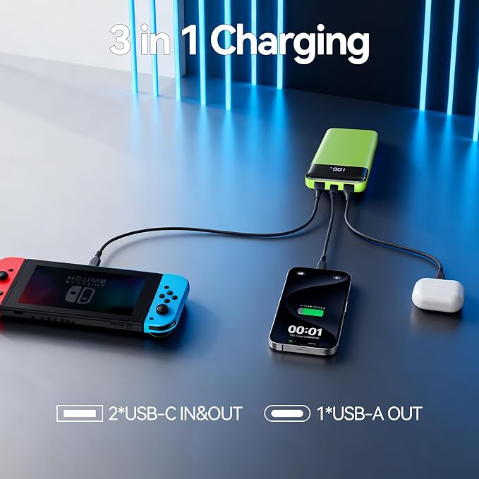Portable Charger, 10000mAh Slim Power Bank Portable Phone Charger 22.5W PD QC Fast Charging with 3 Outputs 2 Inputs Battery Pack Compatible with iPhones Samsung Google Pixel LG Moto More Devices,Green