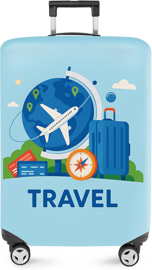 ANNA QUEEN Travel World Luggage Cover, Airplane & Globe Design, Stretchable, Washable Travel Sleeve for 20-34 Inch Suitcases