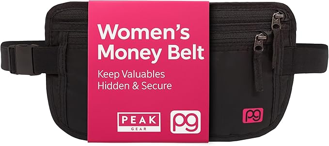 Peak Gear Women’s Money Belt - Hidden Travel Waist Pouch for Women | RFID Blocking, Slim Under-Clothes Passport Holder with PeakCharm Jewelry Pocket + 2 ReturnMe™ Recovery Tags