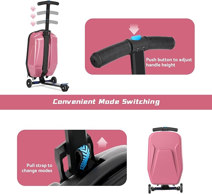 20" Hardshell Scooter Suitcase for Kid & Adult Foldable 2 in 1 Ride on Carry on Travel Trolley Scooter Luggage With Wheels