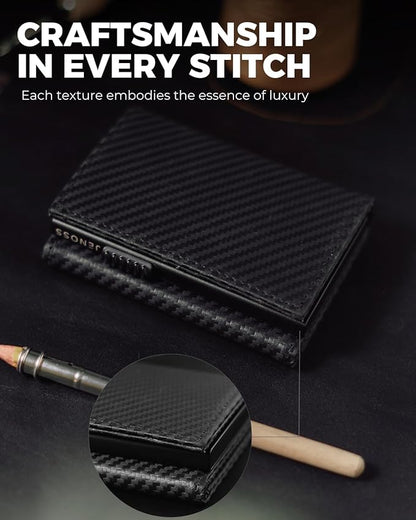 Jenoss Smart Wallet For Men: Full Grain Leather, Handcrafted, Slide Metal Pop Up Case, Slim RFID Blocking Credit Card Holder, Minimalist, Compact - 9-12 Card Organizers | ID | Money Clip (Carbon)