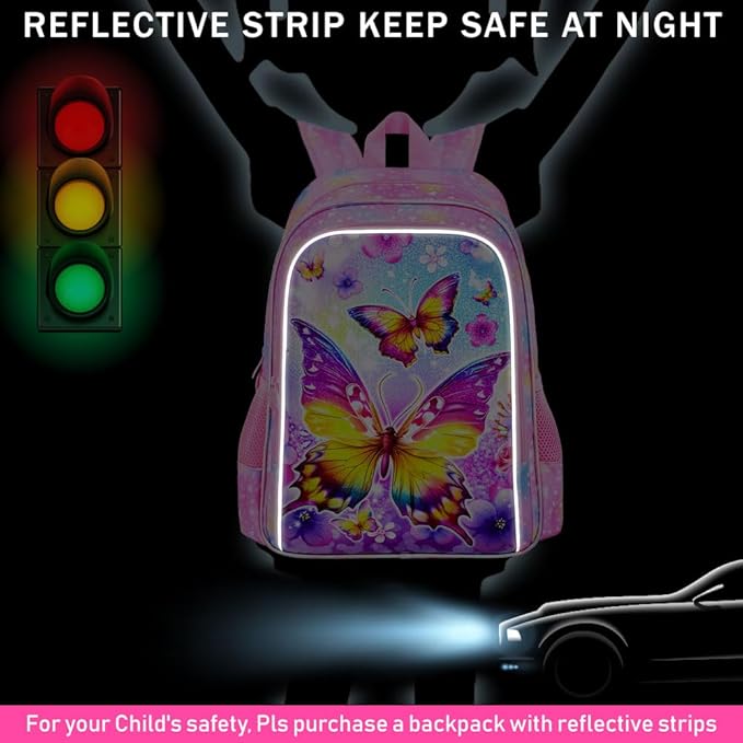 WZLVO 3PCS Butterfly Backpack for Girls, 16'' Kids Preschool Bookbag with Lunch Box, Cute Animal Water ResistantSchool Bag Set for Elementary Kindergarten Travel