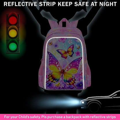 WZLVO 3PCS Butterfly Backpack for Girls, 16'' Kids Preschool Bookbag with Lunch Box, Cute Animal Water ResistantSchool Bag Set for Elementary Kindergarten Travel