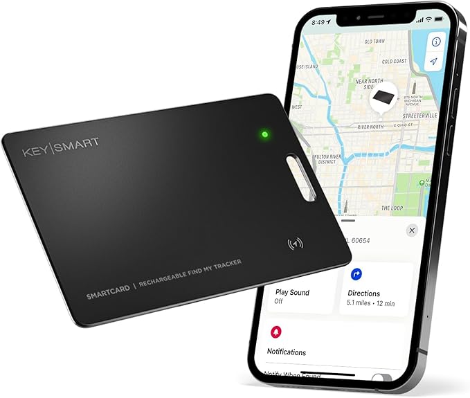 KeySmart MFI-Certified SmartCard Wallet Tracker Card, Compatible with Apple Find My App, Rechargeable Thin GPS Item Finder for Luggage Tag, Smart Bluetooth Tracking with Key Chain Hole Black, 1 Pack