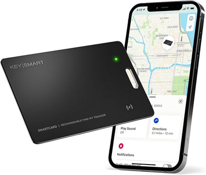 KeySmart MFI-Certified SmartCard Wallet Tracker Card, Compatible with Apple Find My App, Rechargeable Thin GPS Item Finder for Luggage Tag, Smart Bluetooth Tracking with Key Chain Hole Black, 1 Pack