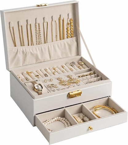 GUOER Jewelry Box for Women Girl Wife - Large PU Leather Jewelry Organizer Storage Case with Two Layers Display for Earrings Bracelets Rings Watches (White)